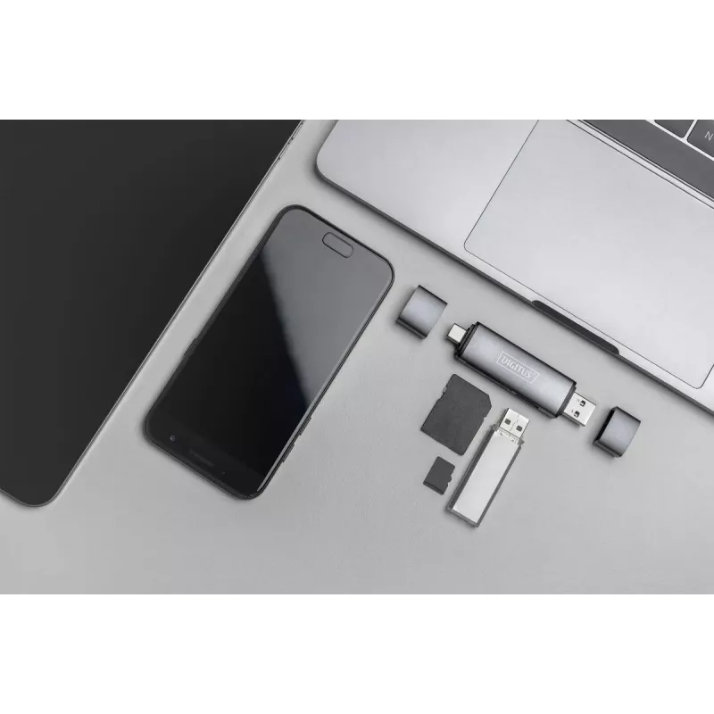 DIGITUS Combo -kortinlukija-keskitin (USB-C+USB 3.0) 1x SD, 1x MicroSD, 1x USB 3.0, harmaa