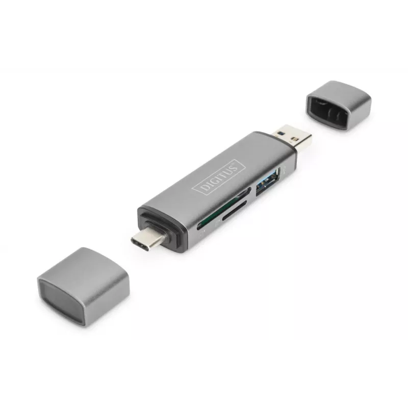 DIGITUS Combo -kortinlukija-keskitin (USB-C+USB 3.0) 1x SD, 1x MicroSD, 1x USB 3.0, harmaa
