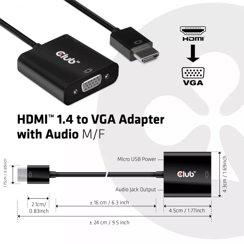 CLUB3D CAC-1302 videokaapelisovitin 0,5 m HDMI tyyppi A (Standard) VGA (D-Sub) musta