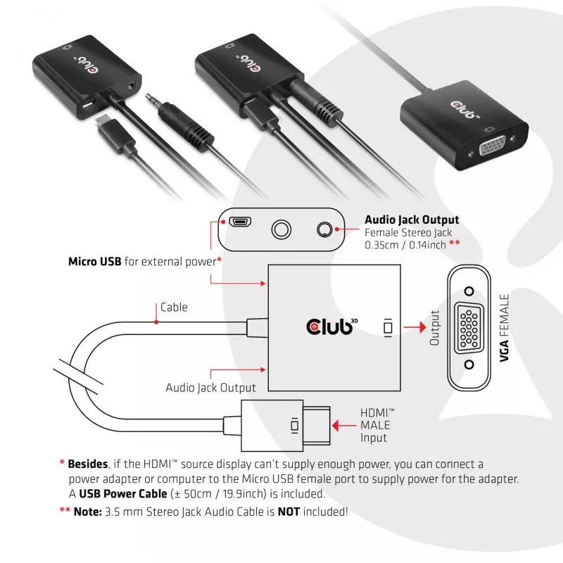 CLUB3D CAC-1302 videokaapelisovitin 0,5 m HDMI tyyppi A (Standard) VGA (D-Sub) musta