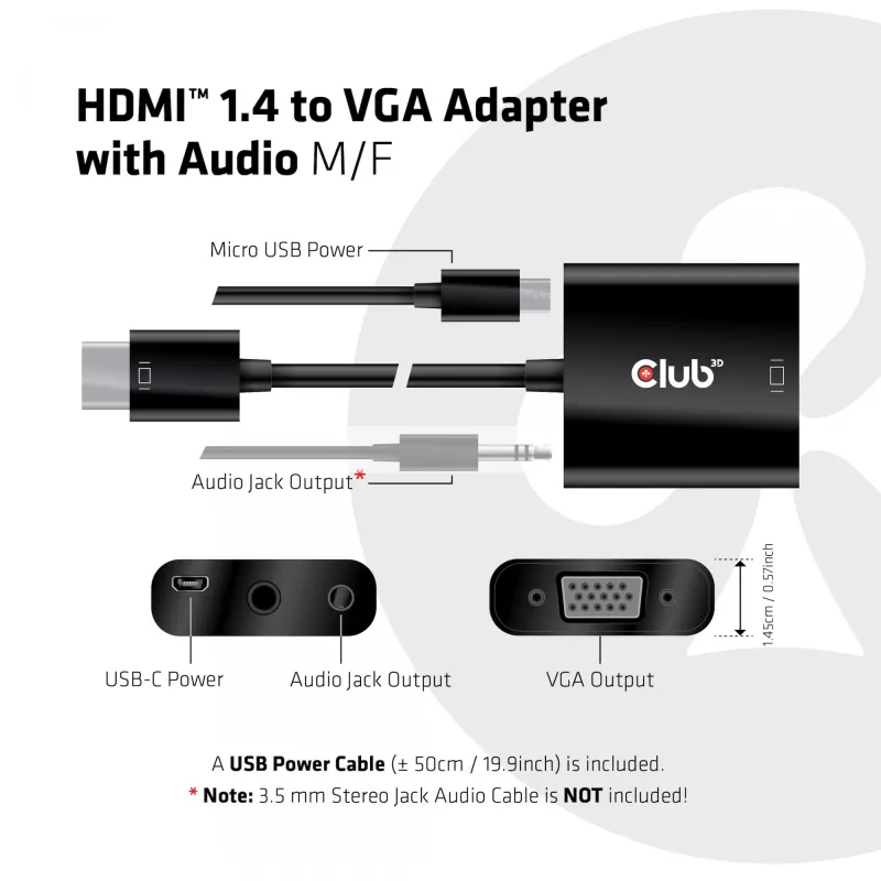 CLUB3D CAC-1302 videokaapelisovitin 0,5 m HDMI tyyppi A (Standard) VGA (D-Sub) musta