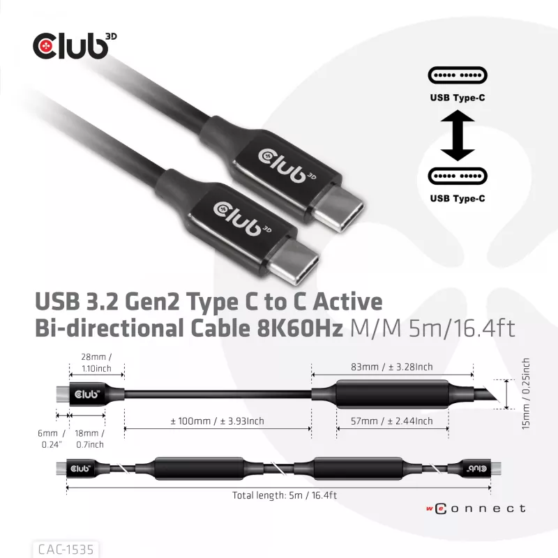 CLUB3D USB 3.2 Gen2 Type C to C Active Bi-directional kaapeli 8K60Hz M/M 5m/16.4ft