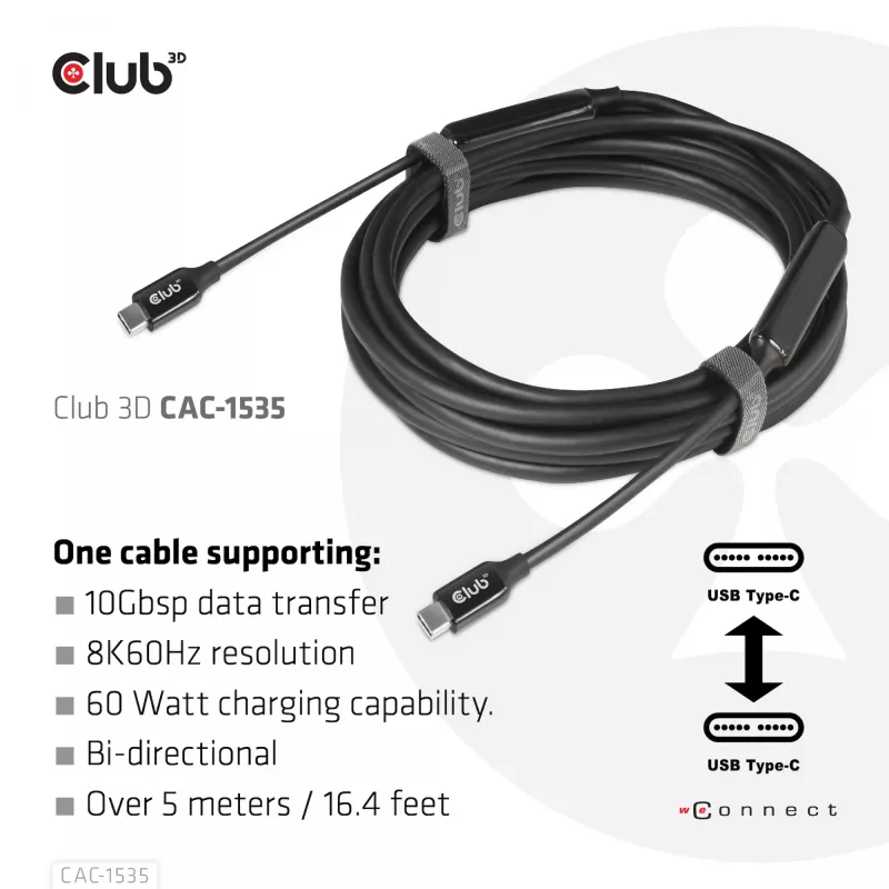 CLUB3D USB 3.2 Gen2 Type C to C Active Bi-directional kaapeli 8K60Hz M/M 5m/16.4ft