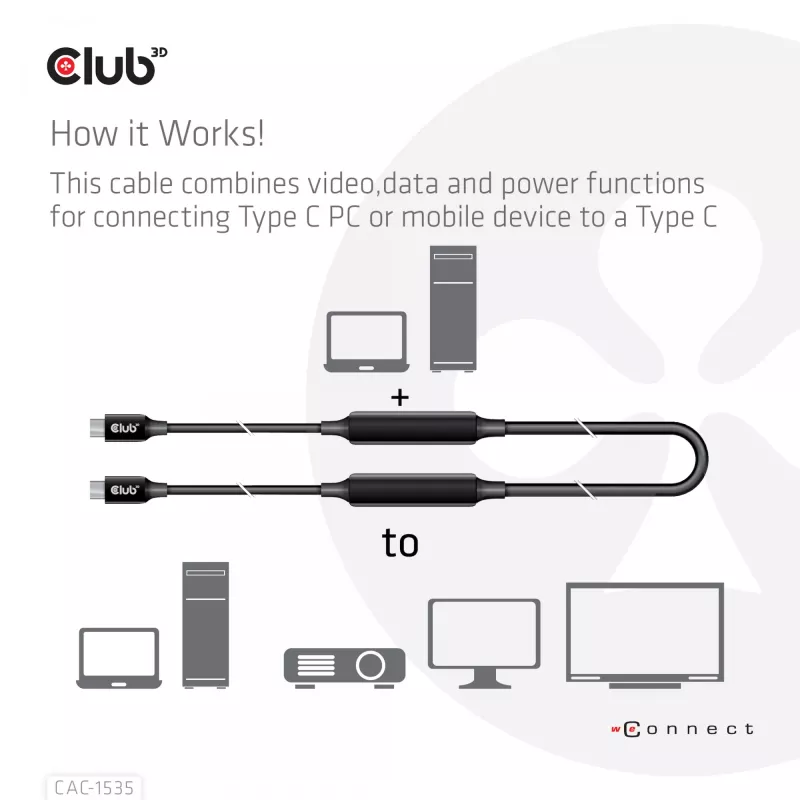 CLUB3D USB 3.2 Gen2 Type C to C Active Bi-directional kaapeli 8K60Hz M/M 5m/16.4ft