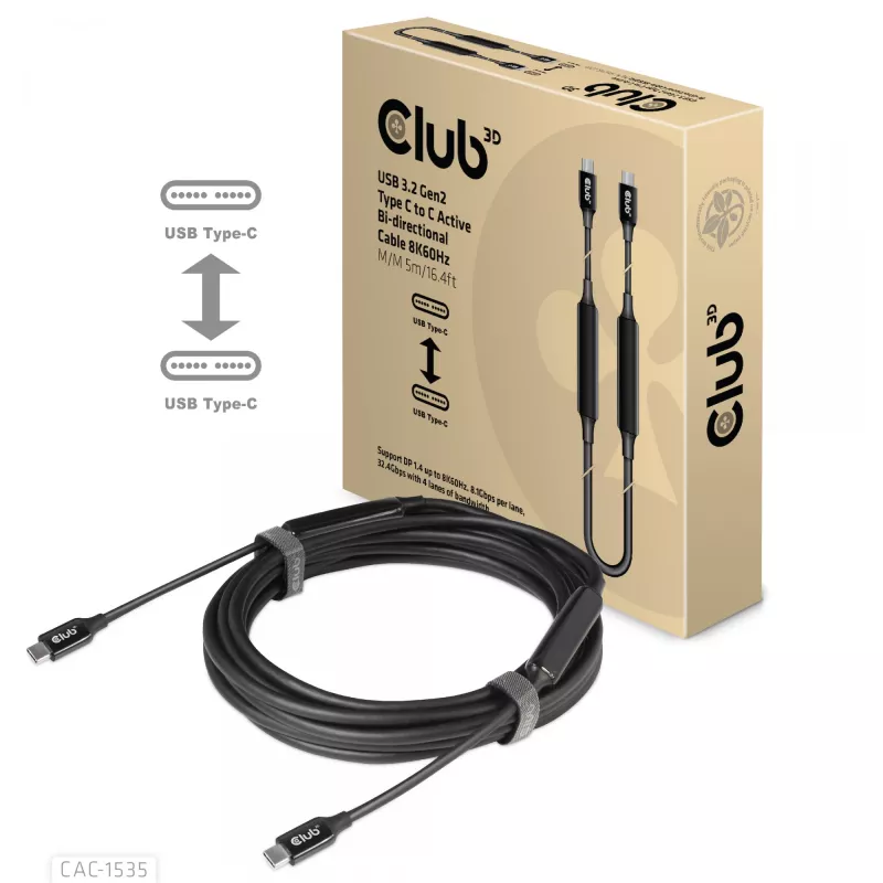 CLUB3D USB 3.2 Gen2 Type C to C Active Bi-directional kaapeli 8K60Hz M/M 5m/16.4ft