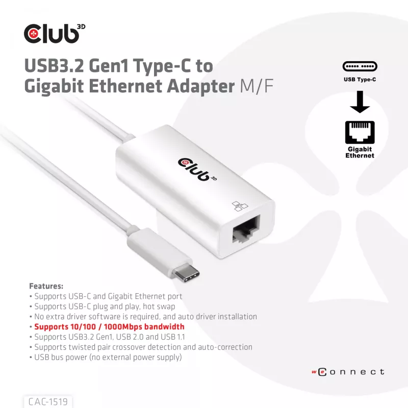 USB3.2 Gen1 Type-C gigabit Ethernet -adapteri CLUB3D CAC-1519