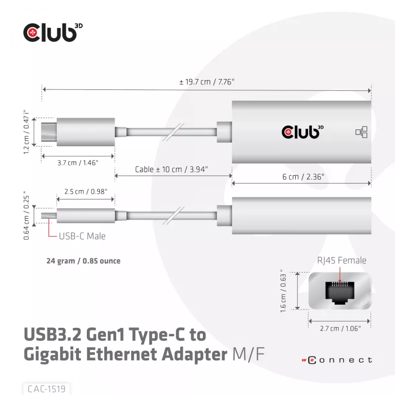 USB3.2 Gen1 Type-C gigabit Ethernet -adapteri CLUB3D CAC-1519