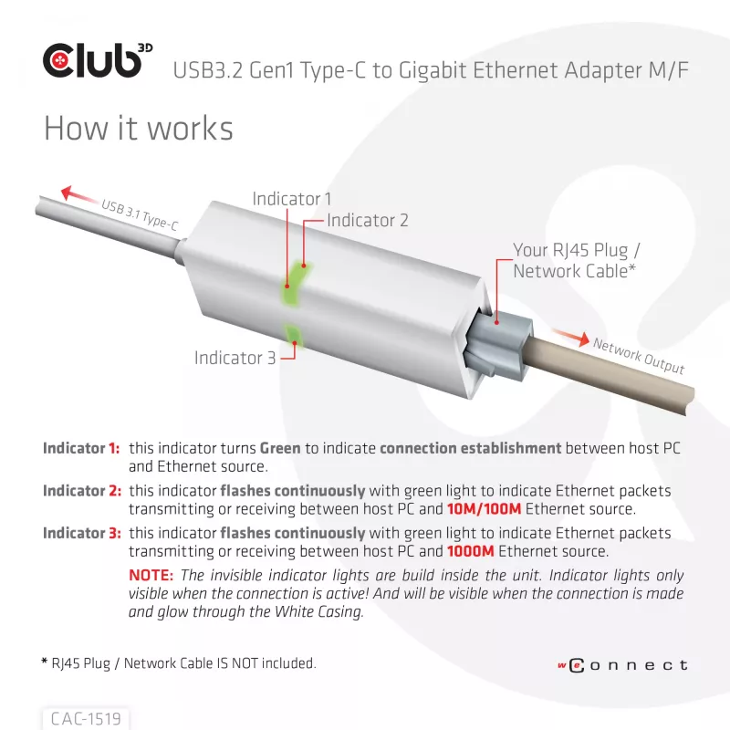 USB3.2 Gen1 Type-C gigabit Ethernet -adapteri CLUB3D CAC-1519