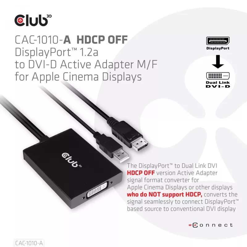 Club 3D CAC-1010-A aktiivinen DisplayPort – Dual Link DVI-D -sovitin, DisplayPort 1.2a, USB-virta, HDCP OFF, 0,6 m, musta