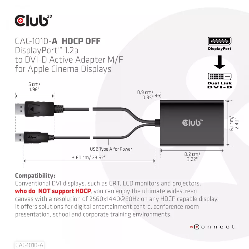 Club 3D CAC-1010-A aktiivinen DisplayPort – Dual Link DVI-D -sovitin, DisplayPort 1.2a, USB-virta, HDCP OFF, 0,6 m, musta