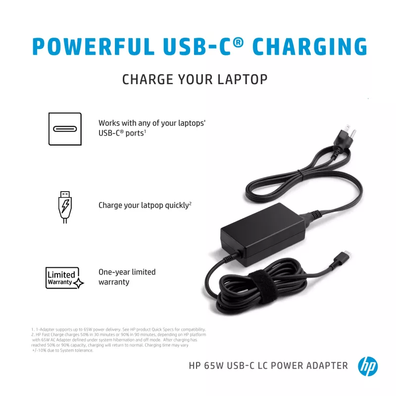 HP 65W USB-C LC -virtalähde, kannettava, sisäkäyttöön, 65 W, AC-DC, HP, Business