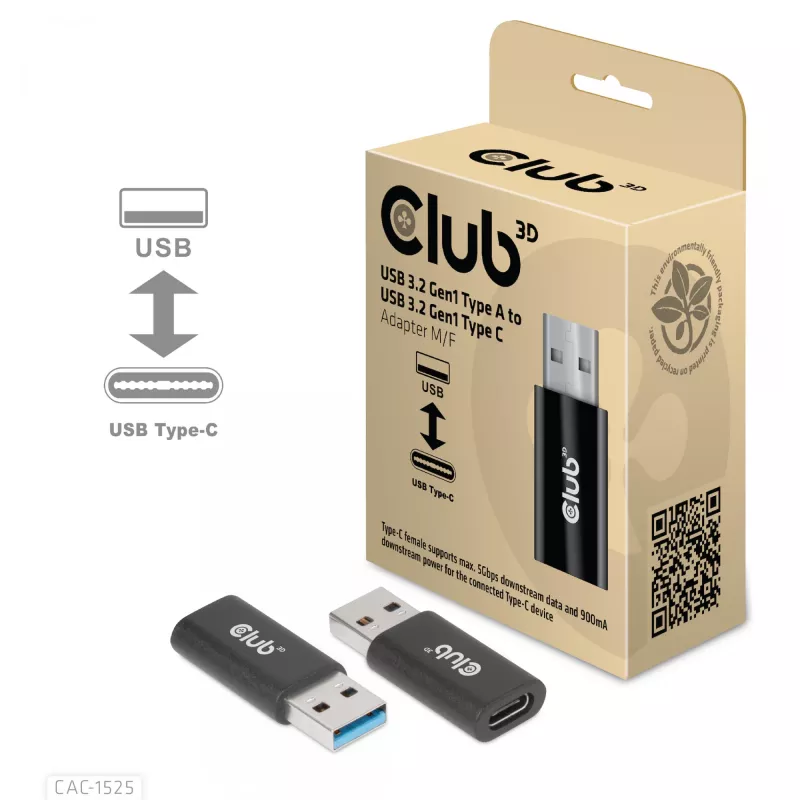 CLUB3D USB 3.2 Gen1 tyyppi A - USB 3.2 Gen1 Type C -sovitin M/F