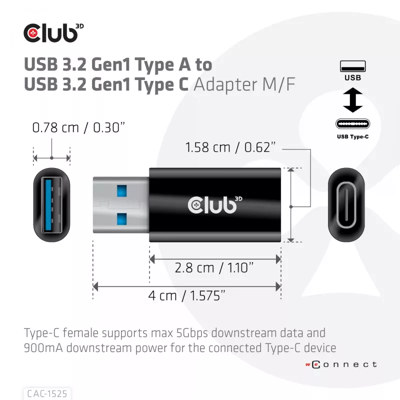 CLUB3D USB 3.2 Gen1 tyyppi A - USB 3.2 Gen1 Type C -sovitin M/F