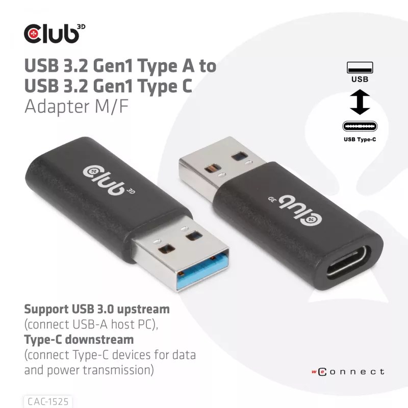 CLUB3D USB 3.2 Gen1 tyyppi A - USB 3.2 Gen1 Type C -sovitin M/F