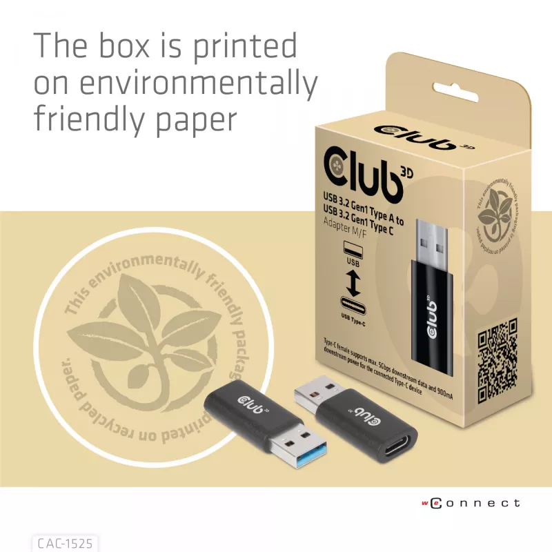 CLUB3D USB 3.2 Gen1 tyyppi A - USB 3.2 Gen1 Type C -sovitin M/F