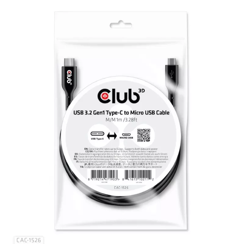 CLUB3D USB 3.2 Gen1 Type-C–Micro-USB-kaapeli M/M 1 m / 3,28 ft