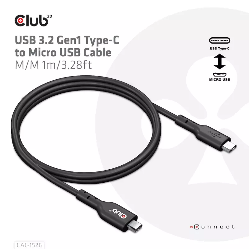 CLUB3D USB 3.2 Gen1 Type-C–Micro-USB-kaapeli M/M 1 m / 3,28 ft