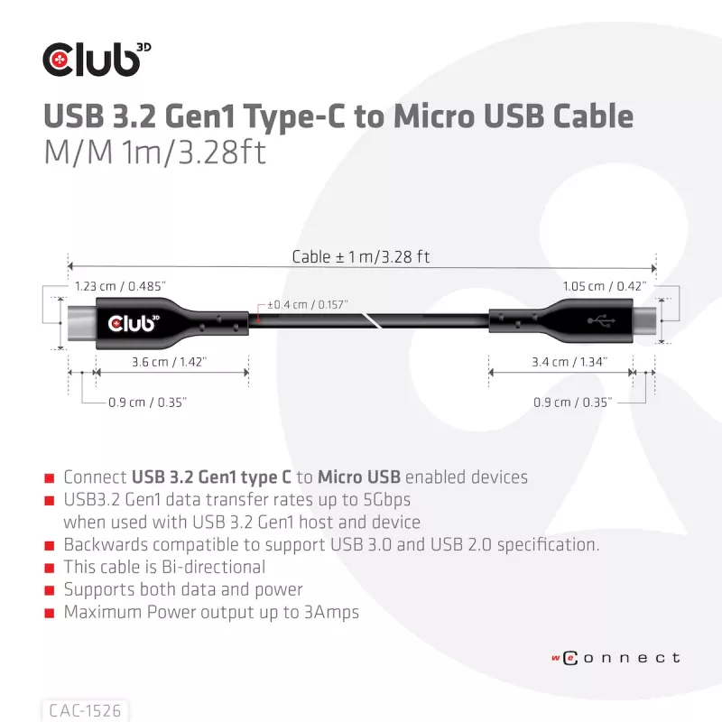 CLUB3D USB 3.2 Gen1 Type-C–Micro-USB-kaapeli M/M 1 m / 3,28 ft