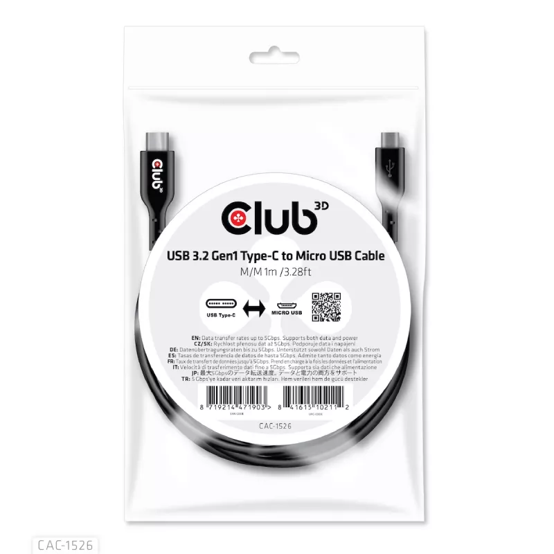 CLUB3D USB 3.2 Gen1 Type-C–Micro-USB-kaapeli M/M 1 m / 3,28 ft
