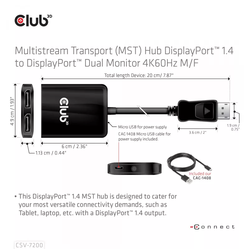 MST-keskitin DisplayPort 1.4 – DisplayPort + HDMI 4K60Hz CLUB3D CSV-7220