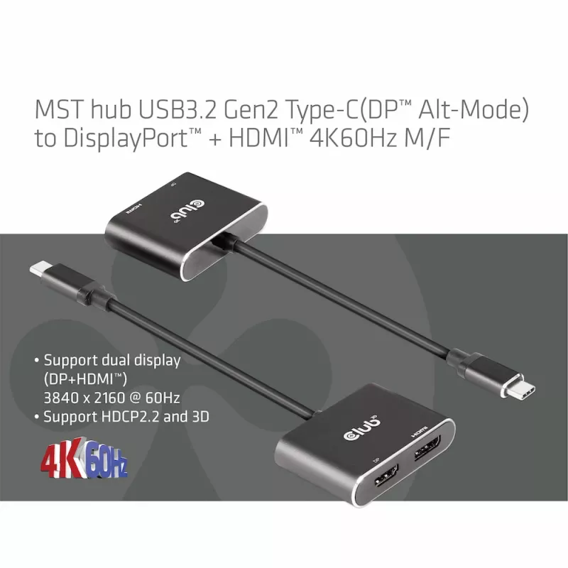 CLUB3D MST-keskitin USB3.2 Gen2 Type-C (DP Alt-Mode) – DisplayPort + HDMI 4K60Hz M/F