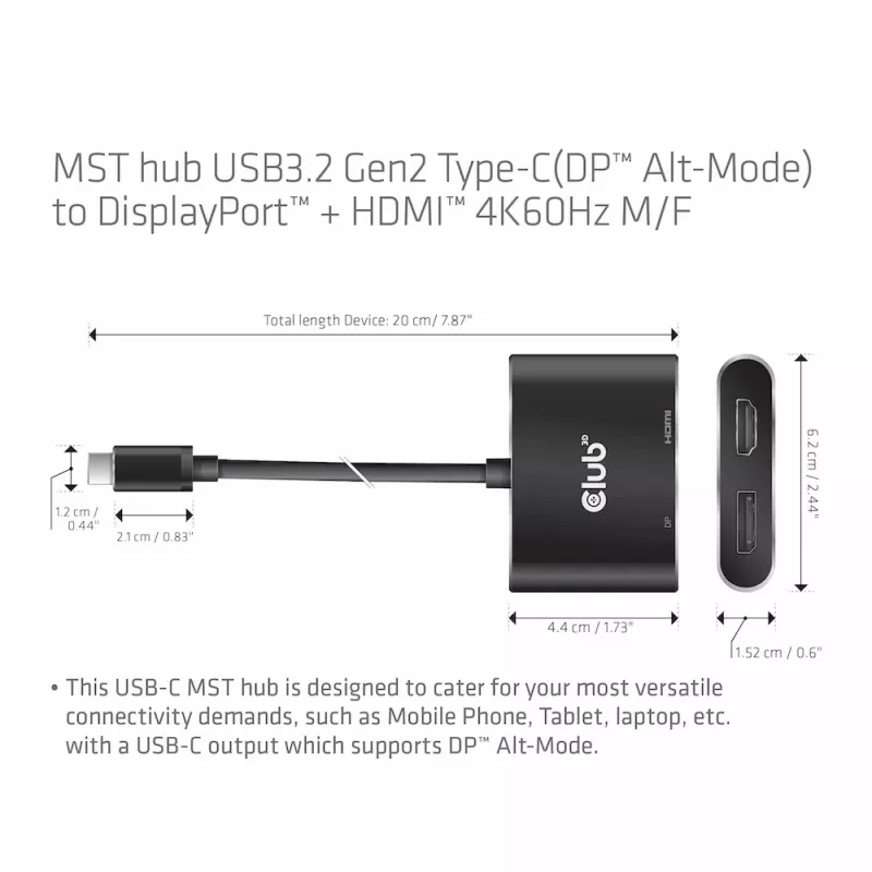 CLUB3D MST-keskitin USB3.2 Gen2 Type-C (DP Alt-Mode) – DisplayPort + HDMI 4K60Hz M/F