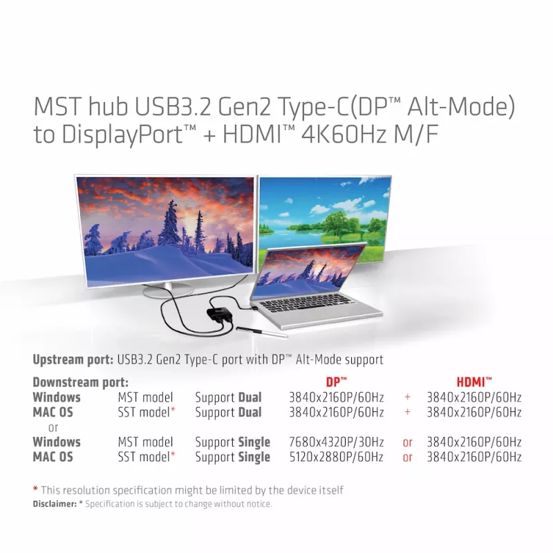 CLUB3D MST-keskitin USB3.2 Gen2 Type-C (DP Alt-Mode) – DisplayPort + HDMI 4K60Hz M/F