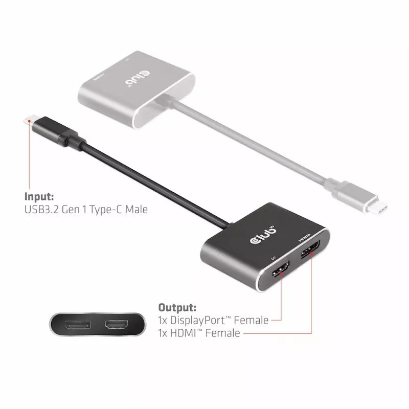 CLUB3D MST-keskitin USB3.2 Gen2 Type-C (DP Alt-Mode) – DisplayPort + HDMI 4K60Hz M/F