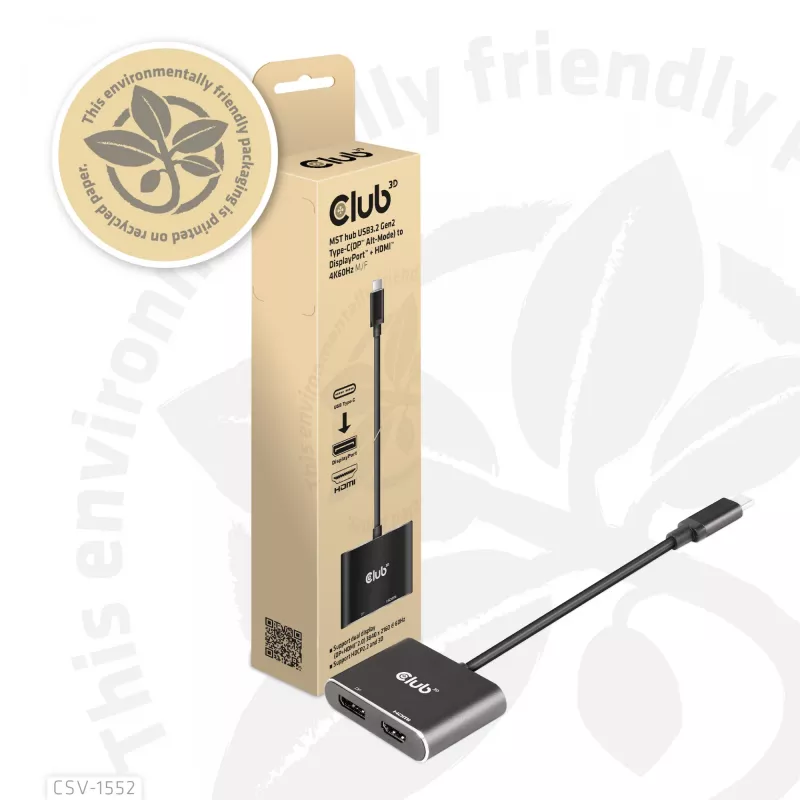 CLUB3D MST-keskitin USB3.2 Gen2 Type-C (DP Alt-Mode) – DisplayPort + HDMI 4K60Hz M/F