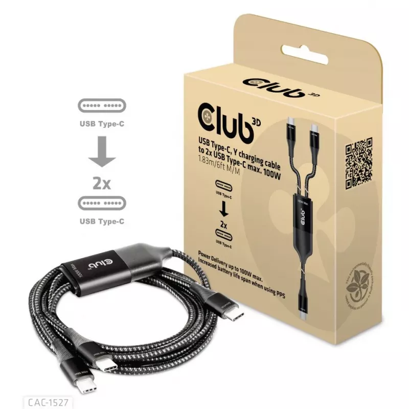 CLUB3D USB Type-C Y-latauskaapeli 2x USB Type-C, max. 100W, 1,83 m/6ft M/M