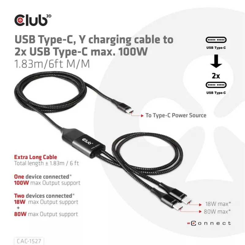 CLUB3D USB Type-C Y-latauskaapeli 2x USB Type-C, max. 100W, 1,83 m/6ft M/M