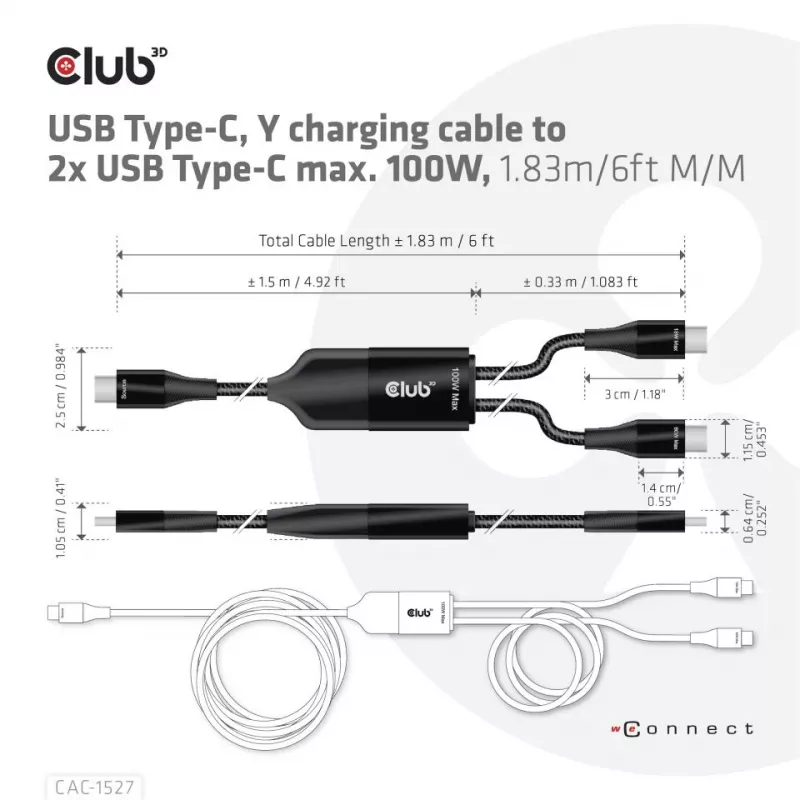 CLUB3D USB Type-C Y-latauskaapeli 2x USB Type-C, max. 100W, 1,83 m/6ft M/M