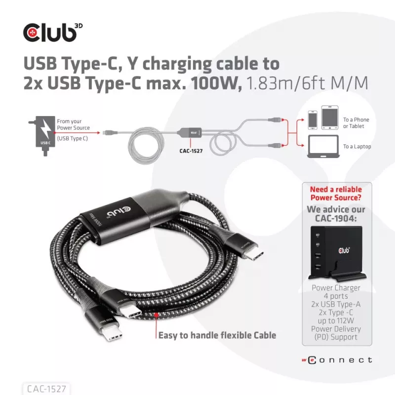 CLUB3D USB Type-C Y-latauskaapeli 2x USB Type-C, max. 100W, 1,83 m/6ft M/M