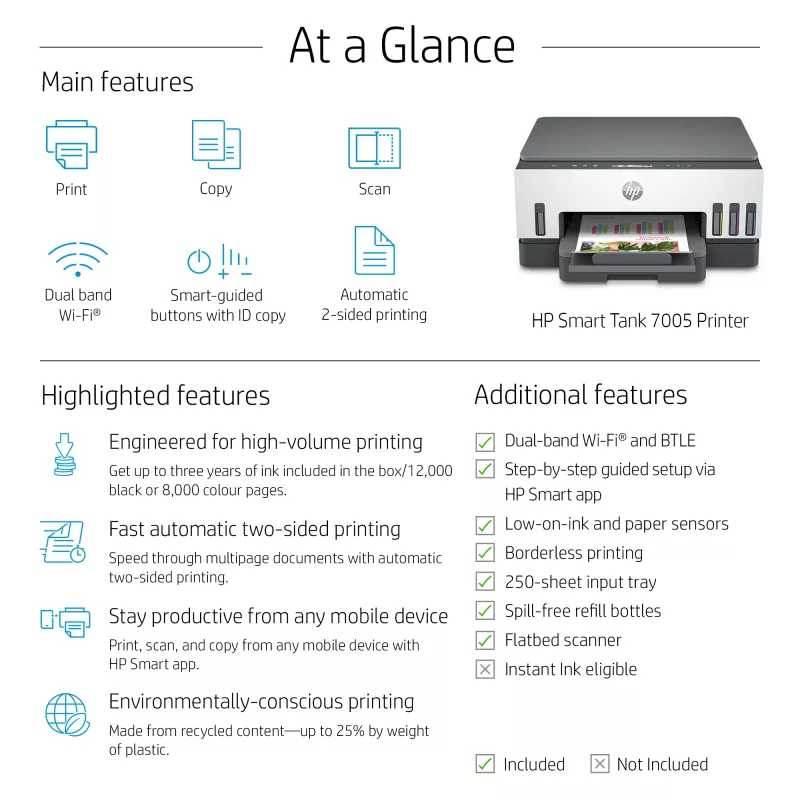 HP Smart Tank 7005 langaton monitoimitulostin väritulostin, kaksipuolinen tulostus; kopiokone, skanneri