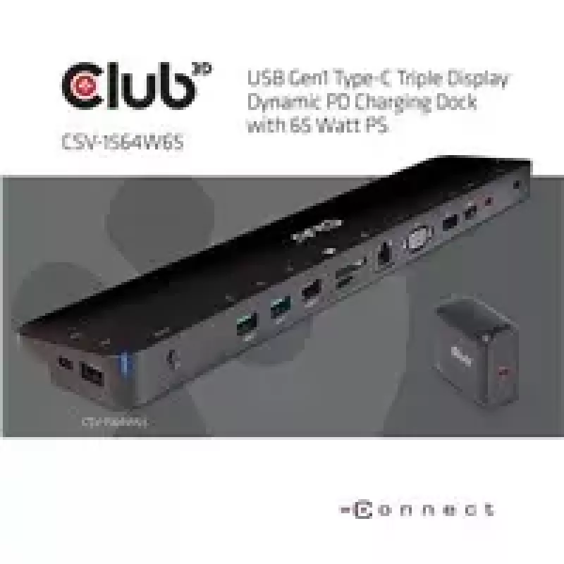 CLUB3D UNIVERSAL USB Gen1 Type-C Triple Display Dynamic PD Charging Dock 65 watin virtalähteellä (VGA, HDMI, DP, ETHERNET)