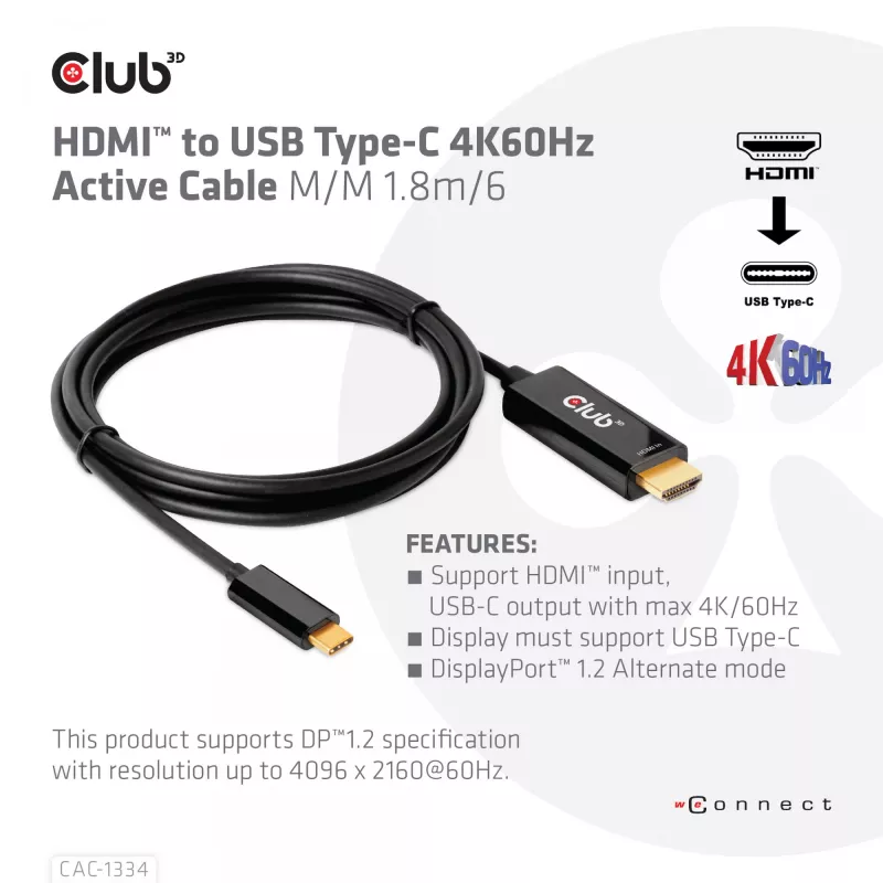 CLUB3D HDMI - USB Type-C 4K60Hz aktiivinen kaapeli M/M 1,8 m/6 ft