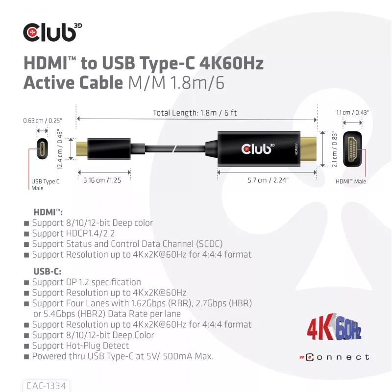 CLUB3D HDMI - USB Type-C 4K60Hz aktiivinen kaapeli M/M 1,8 m/6 ft