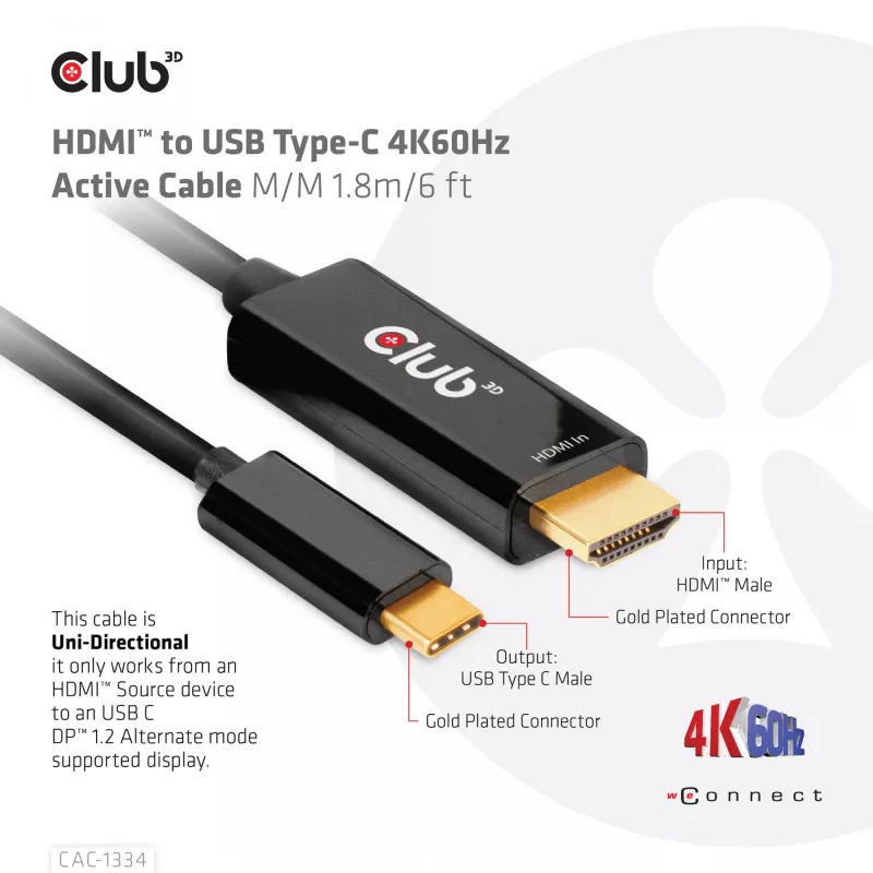 CLUB3D HDMI - USB Type-C 4K60Hz aktiivinen kaapeli M/M 1,8 m/6 ft