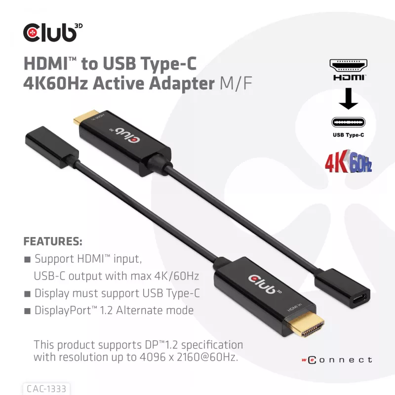 CLUB3D HDMI - USB Type-C aktiivinen sovitin 4K60Hz M/F