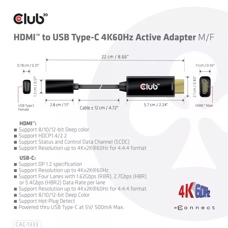 CLUB3D HDMI - USB Type-C aktiivinen sovitin 4K60Hz M/F