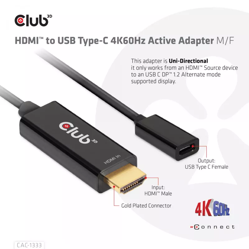 CLUB3D HDMI - USB Type-C aktiivinen sovitin 4K60Hz M/F