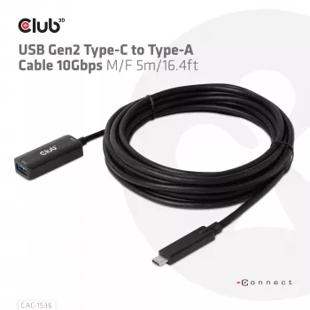 CLUB3D USB Gen2 Type-C - Type-A -kaapeli 10Gbps M/F 5m/16.4ft