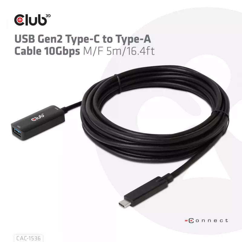 Club 3D CAC-1536 USB 3.2 Gen2 Type-C – Type-A jatkokaapeli, 10 Gbps, uros–naaras, 5 m, musta