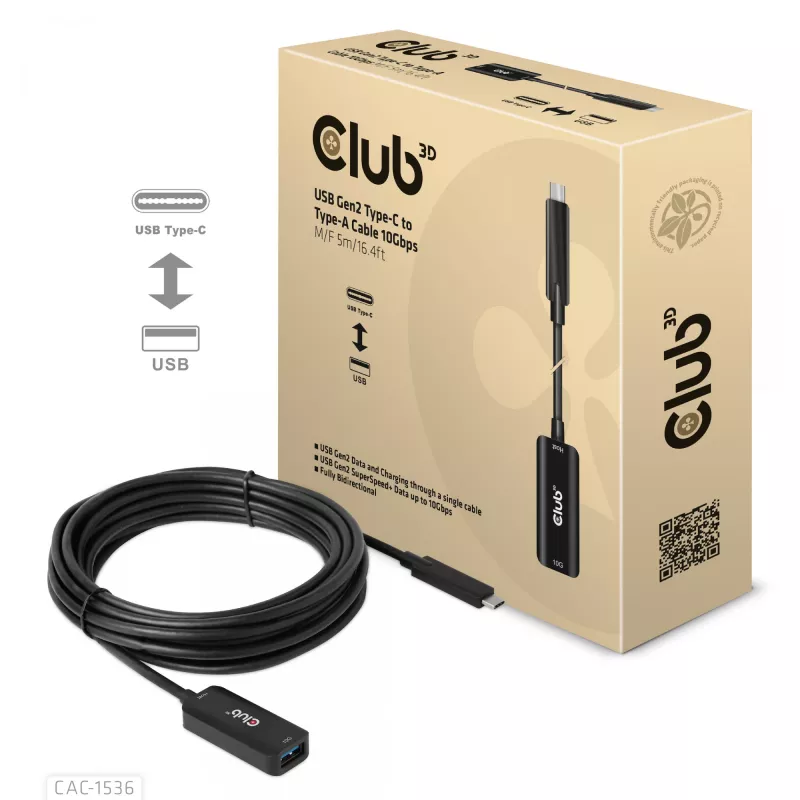 Club 3D CAC-1536 USB 3.2 Gen2 Type-C – Type-A jatkokaapeli, 10 Gbps, uros–naaras, 5 m, musta