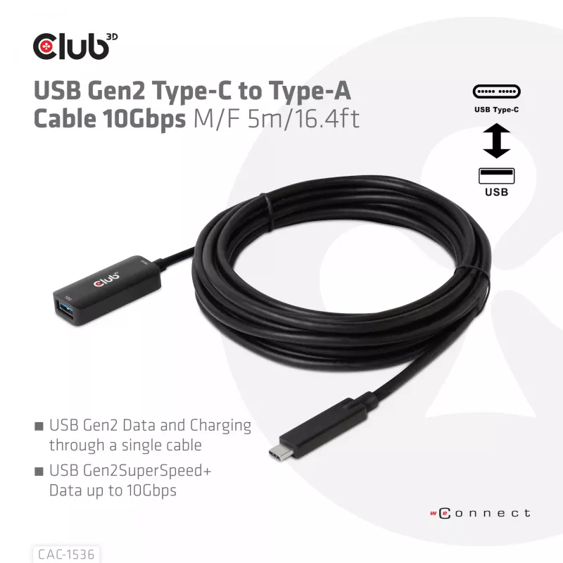Club 3D CAC-1536 USB 3.2 Gen2 Type-C – Type-A jatkokaapeli, 10 Gbps, uros–naaras, 5 m, musta
