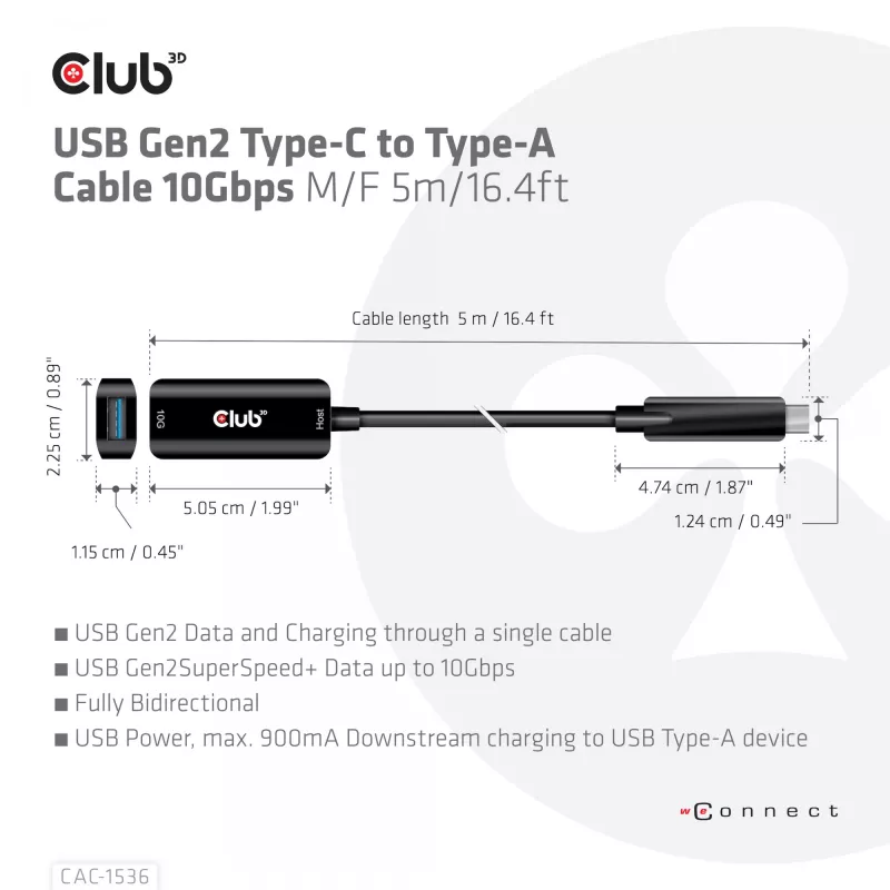 Club 3D CAC-1536 USB 3.2 Gen2 Type-C – Type-A jatkokaapeli, 10 Gbps, uros–naaras, 5 m, musta