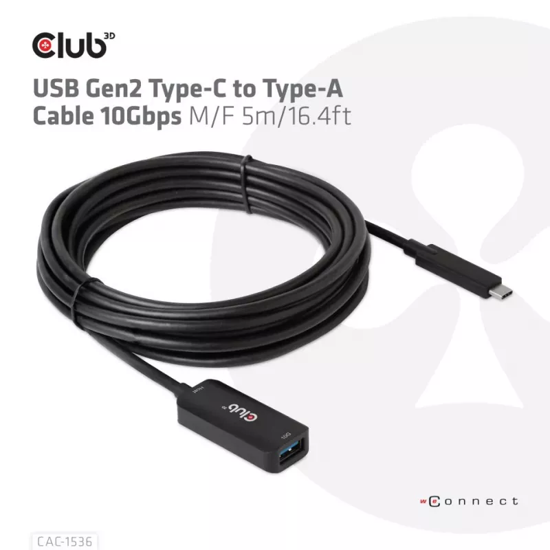 Club 3D CAC-1536 USB 3.2 Gen2 Type-C – Type-A jatkokaapeli, 10 Gbps, uros–naaras, 5 m, musta