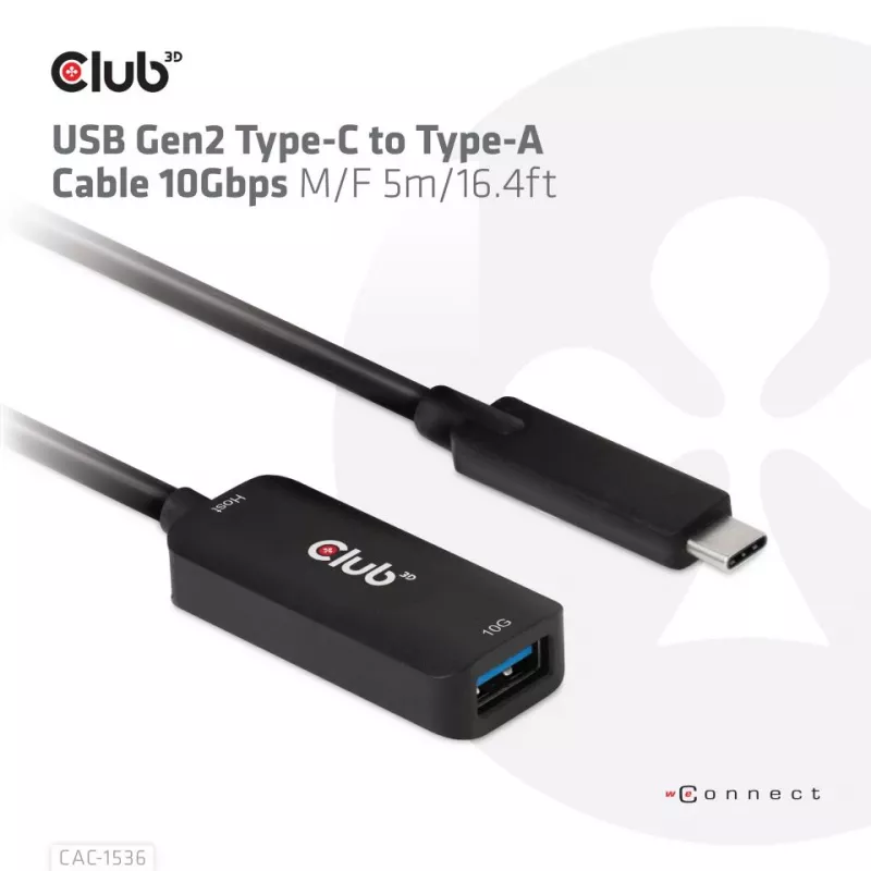 Club 3D CAC-1536 USB 3.2 Gen2 Type-C – Type-A jatkokaapeli, 10 Gbps, uros–naaras, 5 m, musta