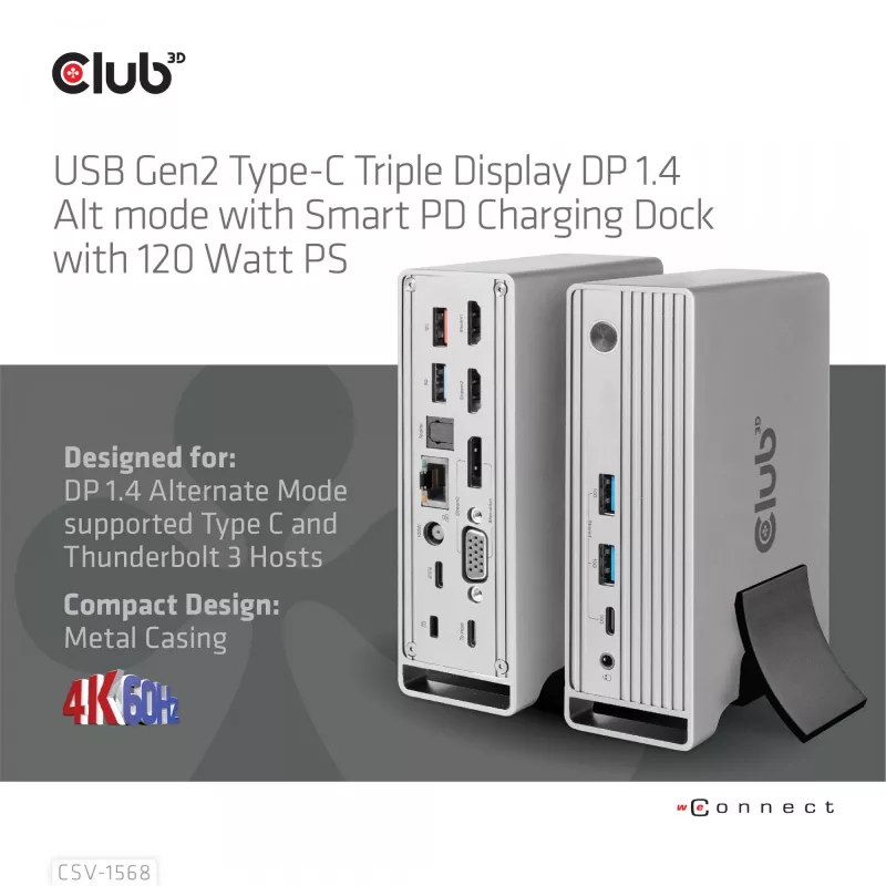 Telakointiasema CLUB3D CSV-1568 metallikotelo USB Gen2 Type-C USB Gen2 Type-A HDMI DP VGA RJ45 120W
