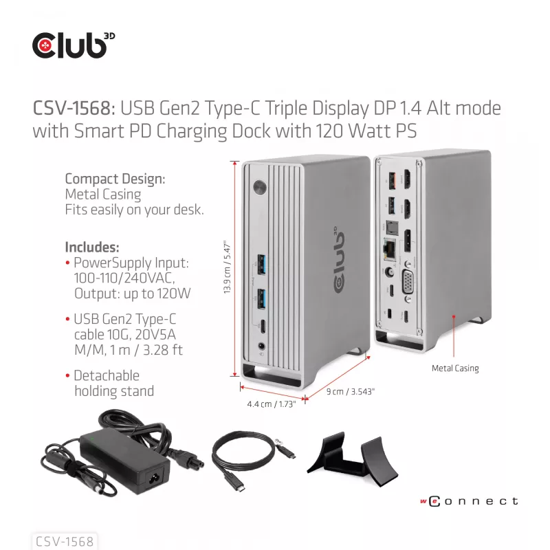 Telakointiasema CLUB3D CSV-1568 metallikotelo USB Gen2 Type-C USB Gen2 Type-A HDMI DP VGA RJ45 120W